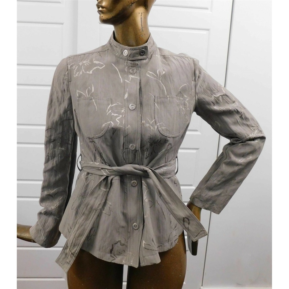 Armani Collezioni Khaki Gray Embroidered Leaf Belted Jacket sz 8